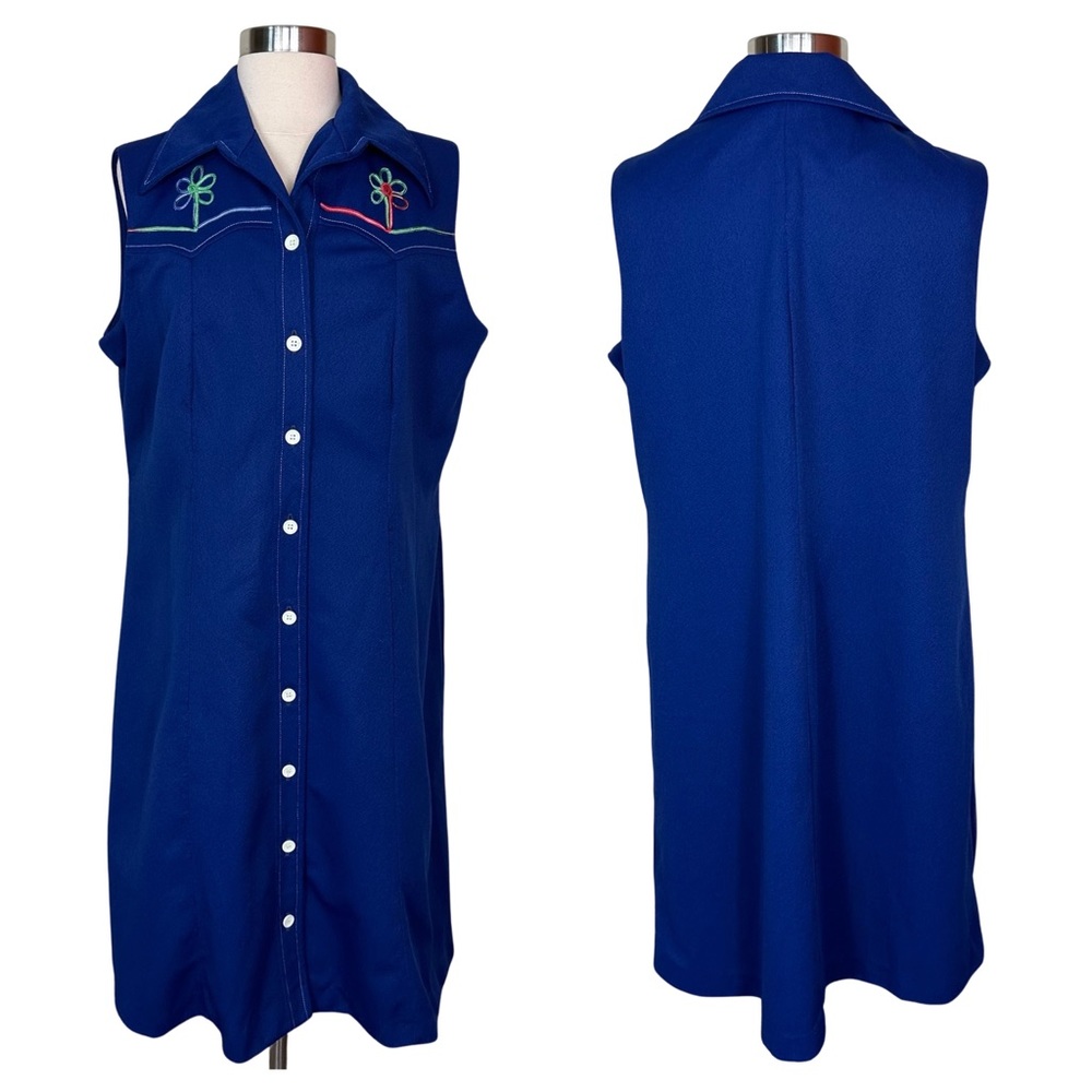 Vintage Handmade Ribbon Detail Flower Sleeveless Navy Blue Button Down MidiDress